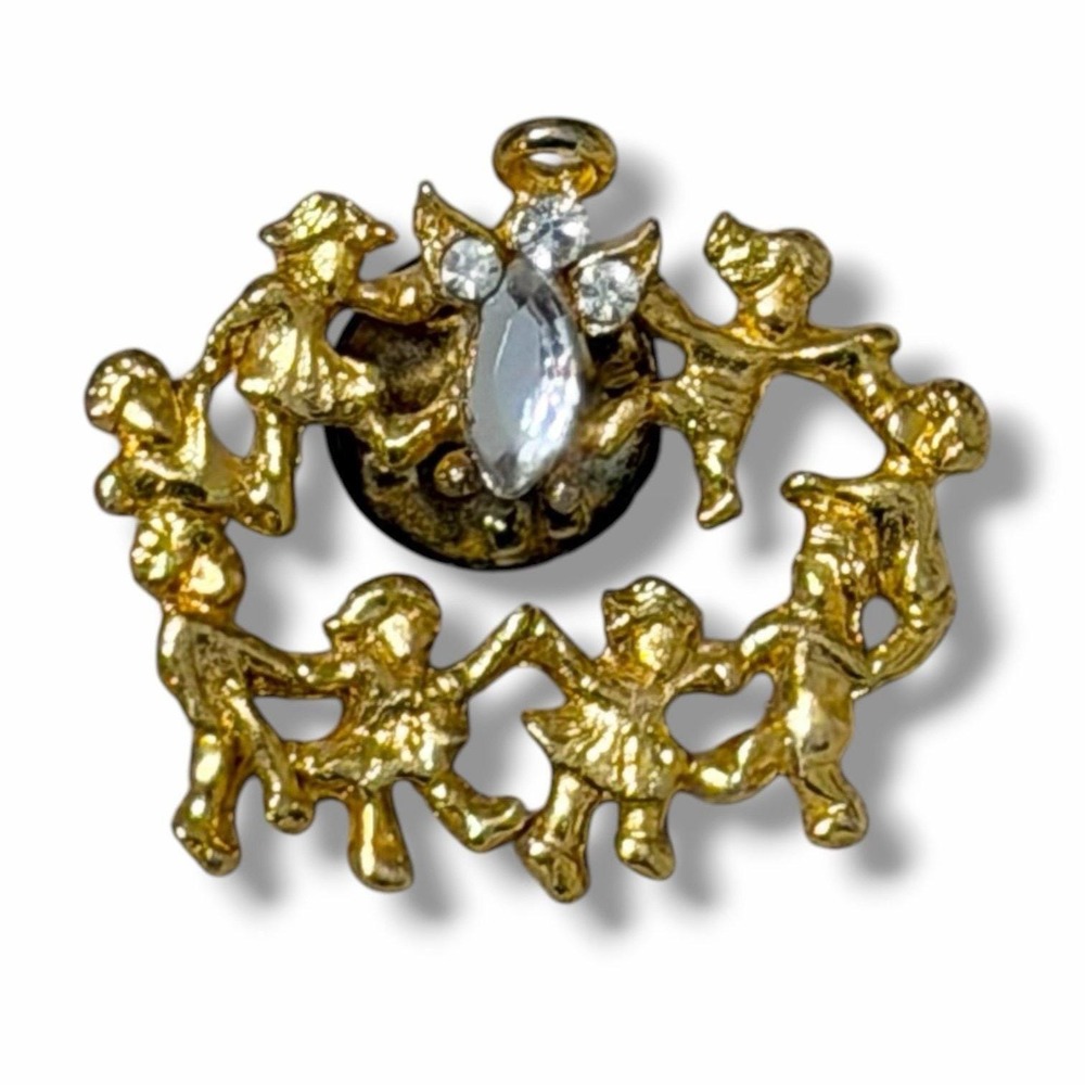 Vintage Gold Tone Brooch Rhinestone Angel and Children Dancing Vintage Pin J10